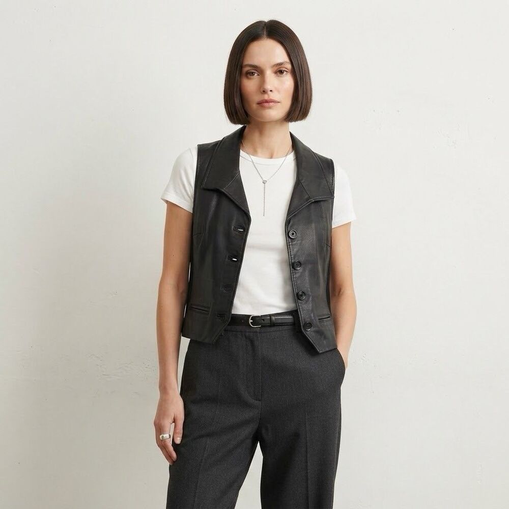 VTG 90s Y2K Margaret Godfrey Womens S Black Leather Vest Ribbed Side Panels